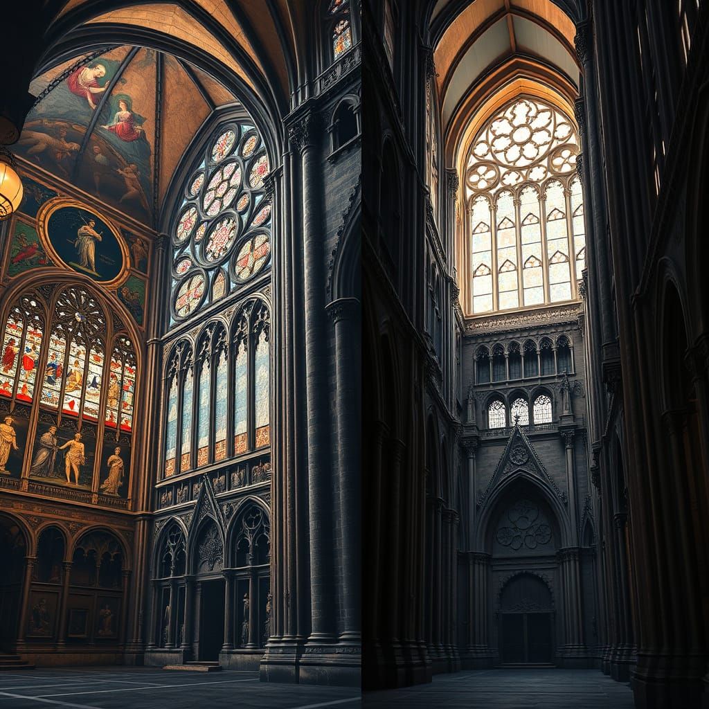 Gothic Cathedral Interior and Exterior Split Canvas Digital ...