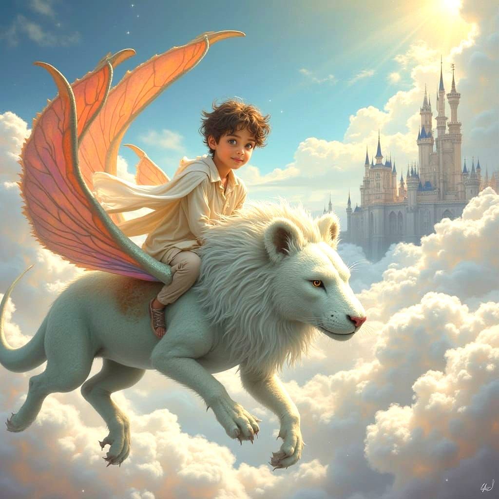 Boy Riding a Majestic Skybound Steed in a Celestial Realm