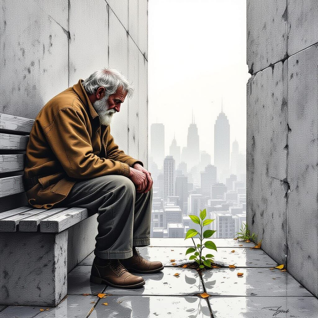 Worn Man Contemplates Nature in Concrete Cityscape