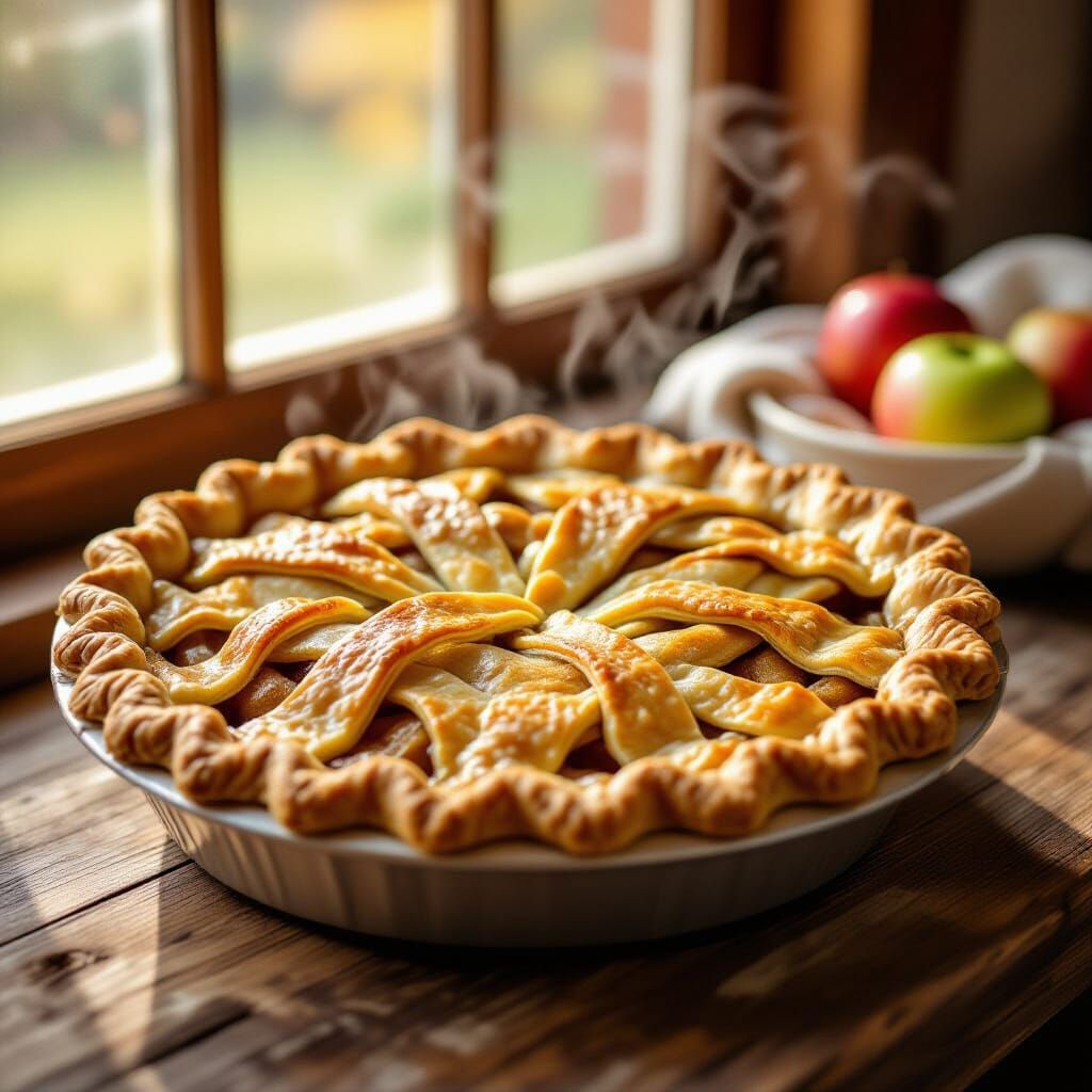 Golden Apple Pie on Rustic Table, Photorealistic Style
