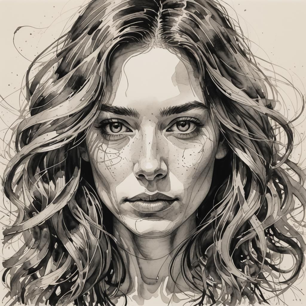 Expressive Ink Portrait of Woman with Flowing Hair