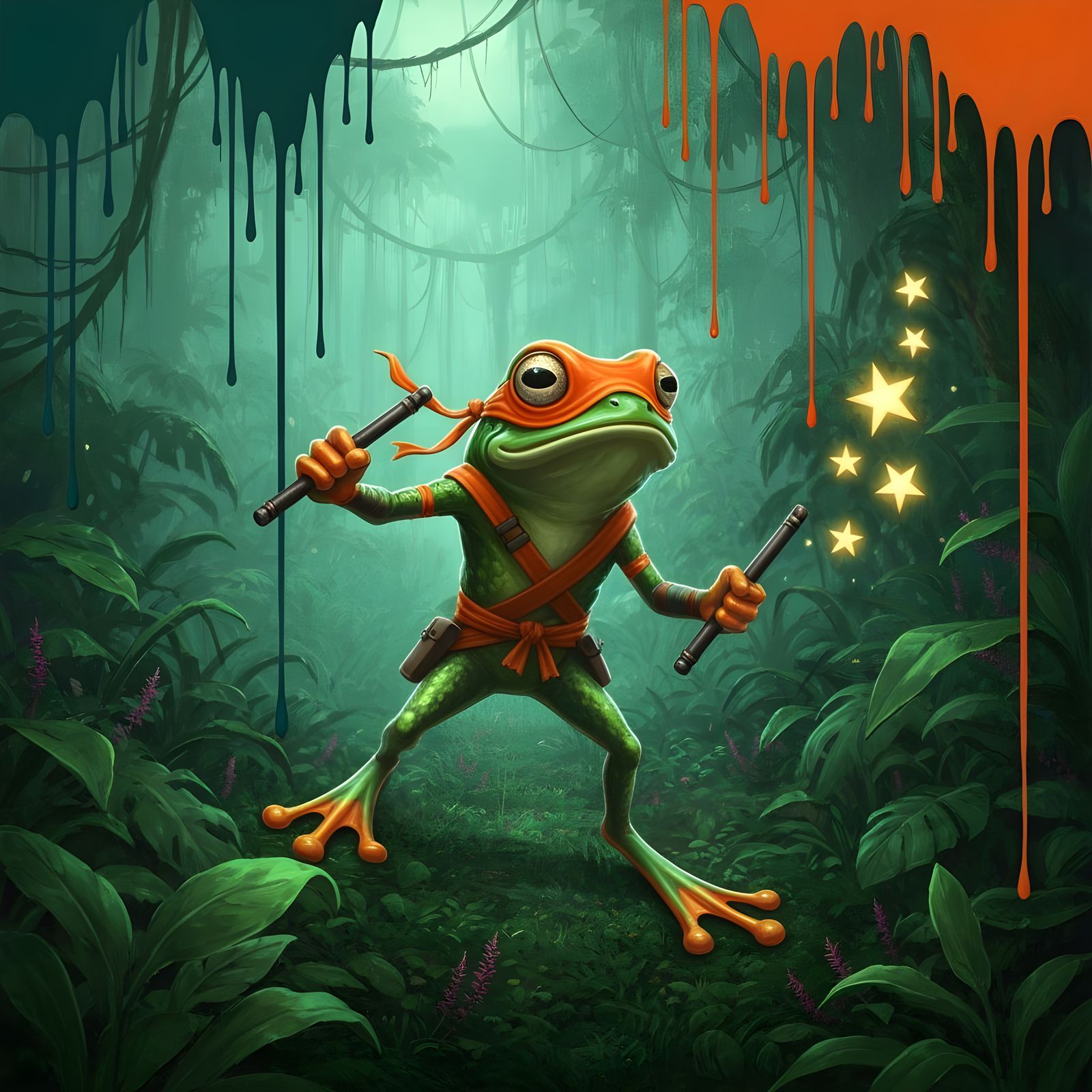 Surreal Frog Ninja Hunts in Jungle