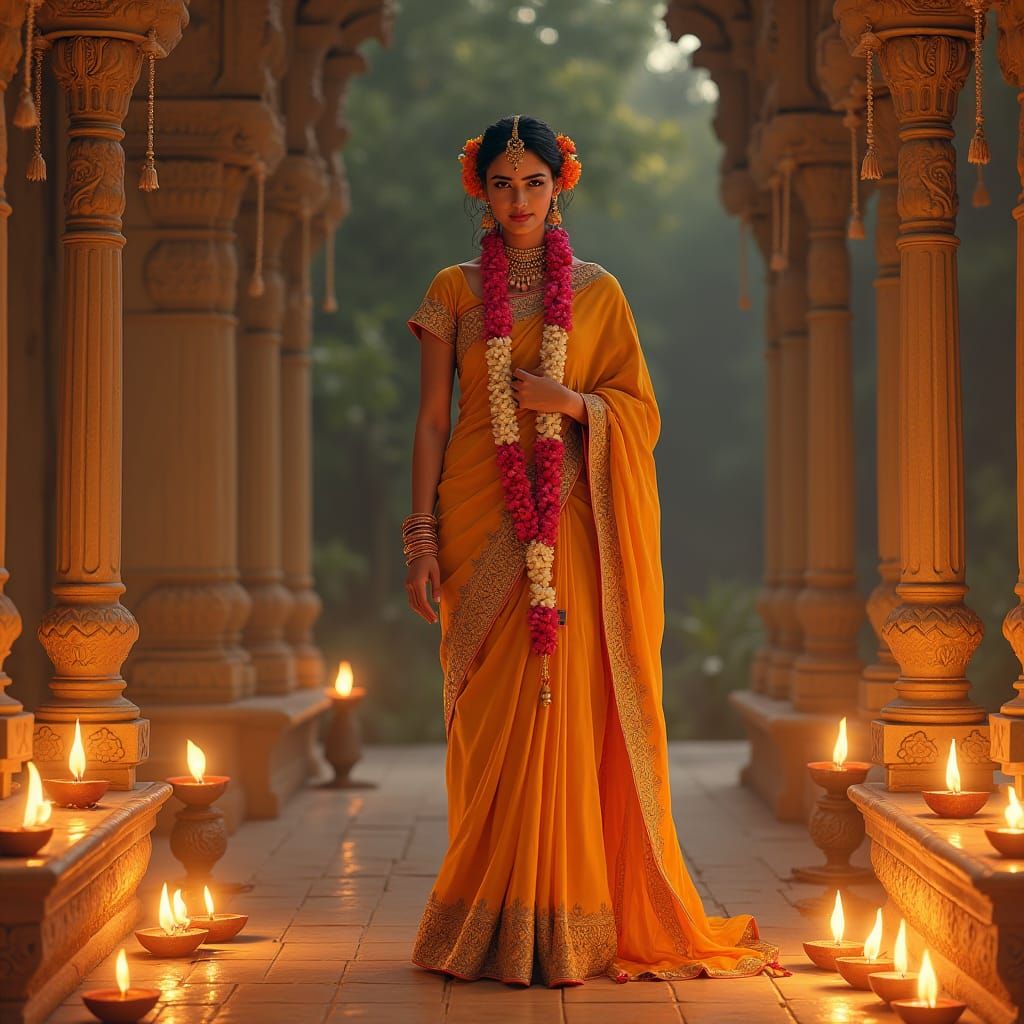 Elegant Indian Woman in Temple for Diwali
