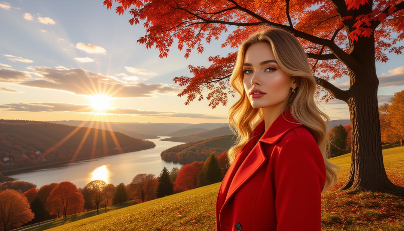 Woman in Red Coat on Autumn Hilltop