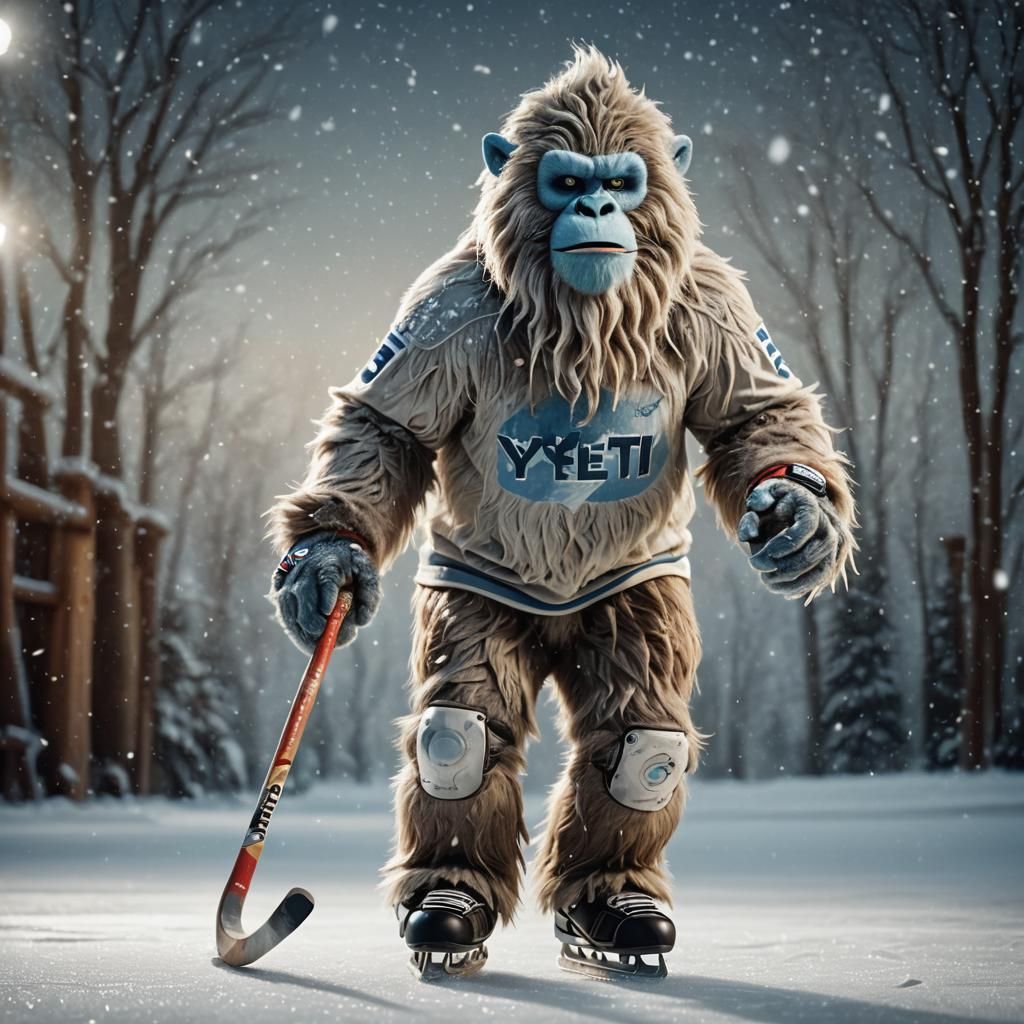 Yeti Dominates Ice Hockey Rink in Cinematic Winter Scene
