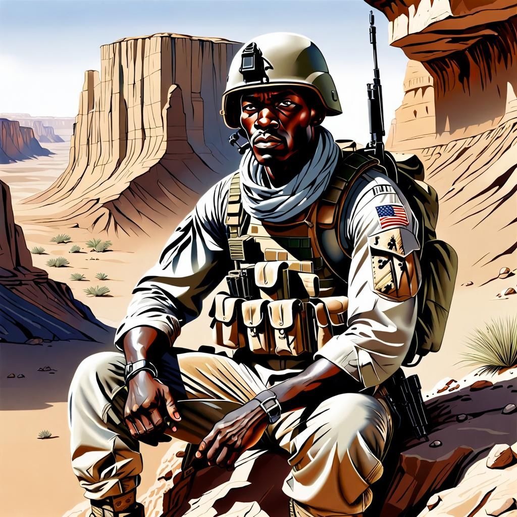 Resting Soldier in Sahara, Comic Art Style