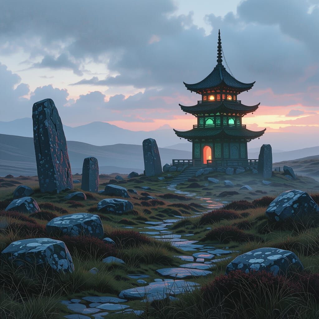 Megalithic Ruins on Moorland with Jade Pagoda