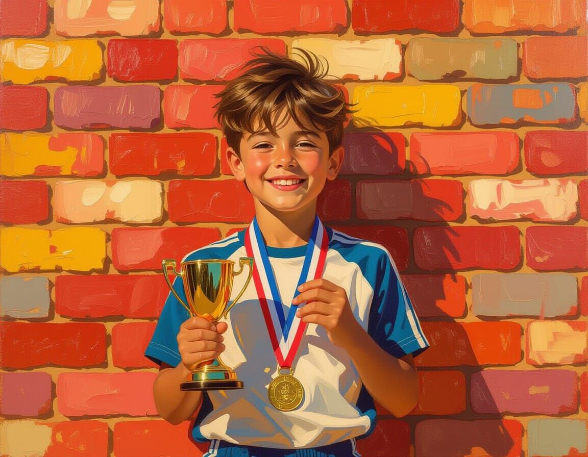 Joyful Boy Victorious in Impressionist Oil Painting
