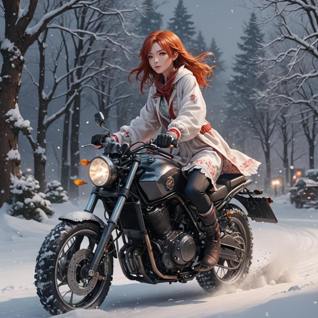 Red-Haired Woman on Motorcycle in Snow, Anime Style