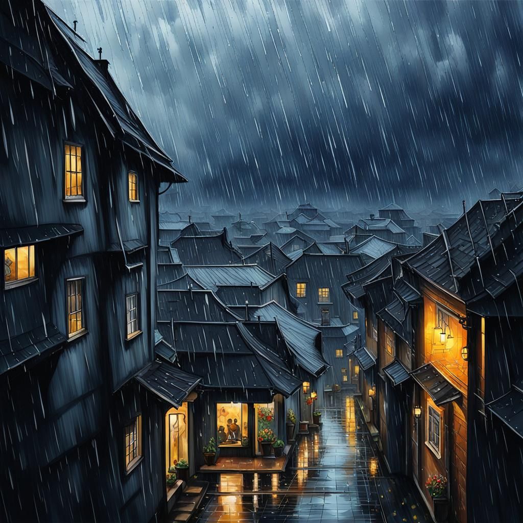 Rainy Day Scene with Dark Clouds and Raindrops