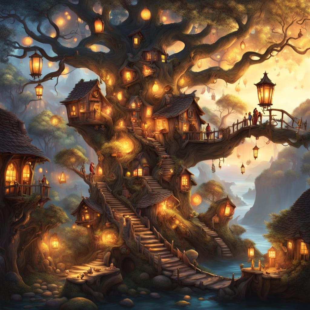 Whimsical Village Inside Ancient Tree Digital Matte Painting