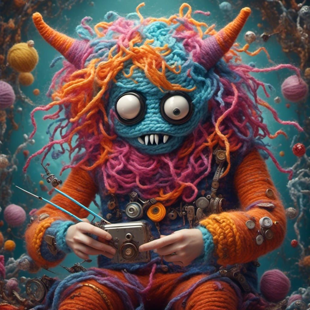 Yarn monster knitting a sweater, <lora:Steampunk Aesthetics:...