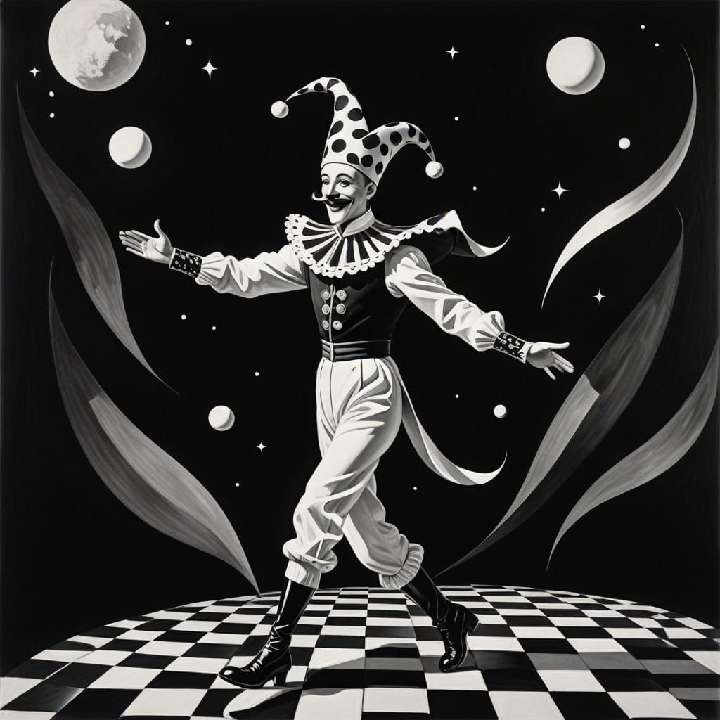 Whimsical Jester Dances with Celestial Bodies in Black and W...