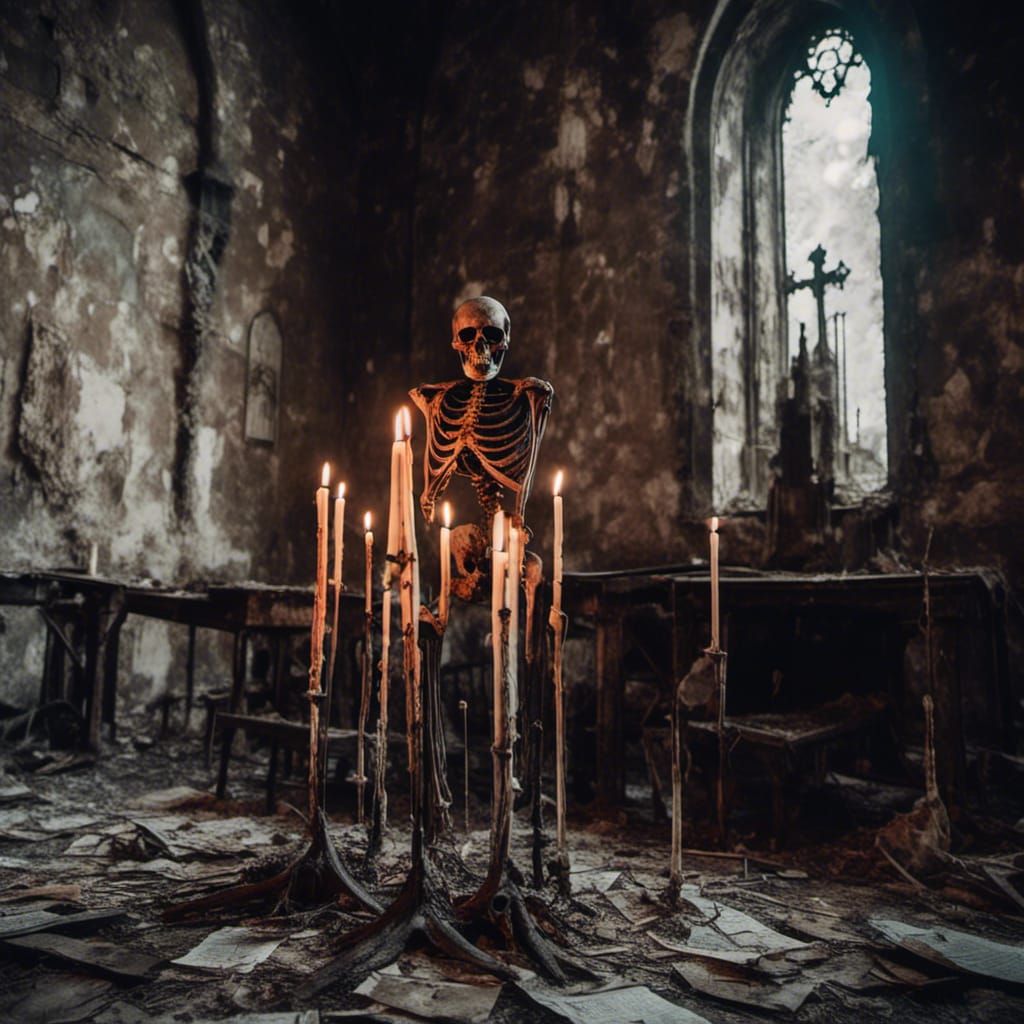 Macabre Skeleton in Abandoned Church with Candle