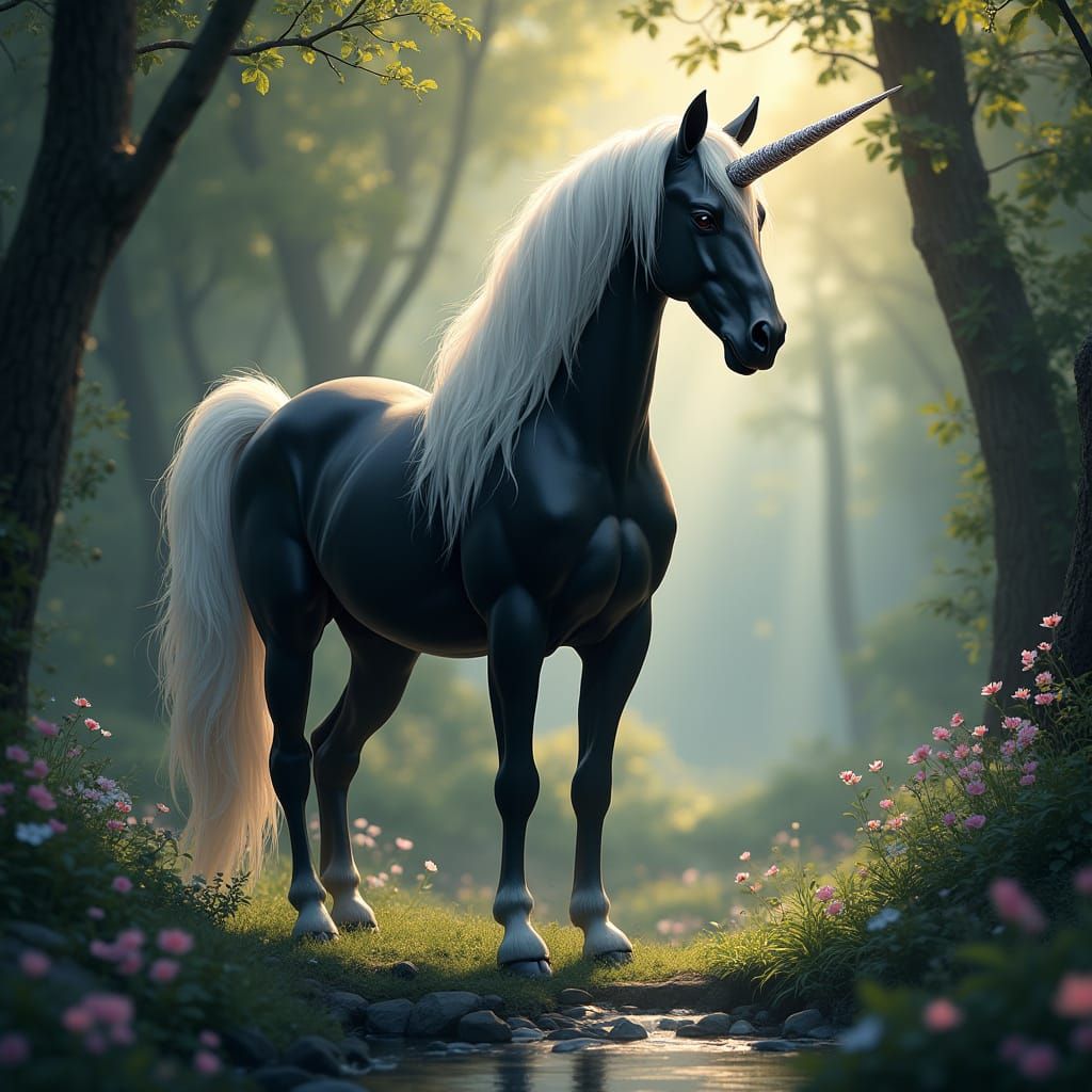 Majestic Black Unicorn in Ethereal Grove