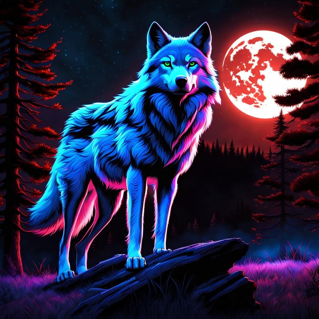 Bioluminescent Wolf Portrait in Psychedelic Horror Style