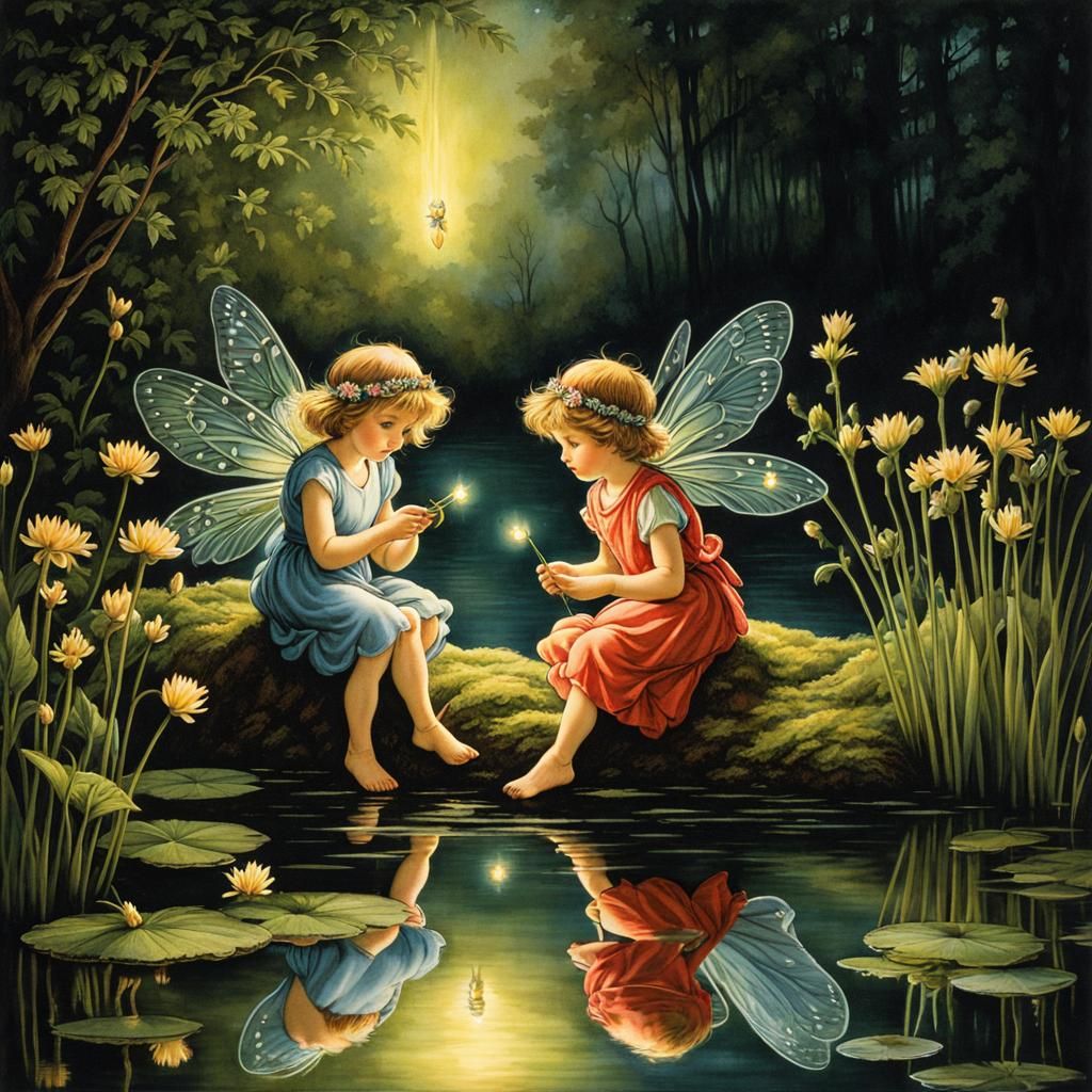 Flower Fairies Admire Fireflies by Pond