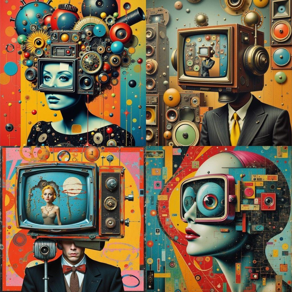 Retro Futuristic TVhead Collage: Head Devours Reflection