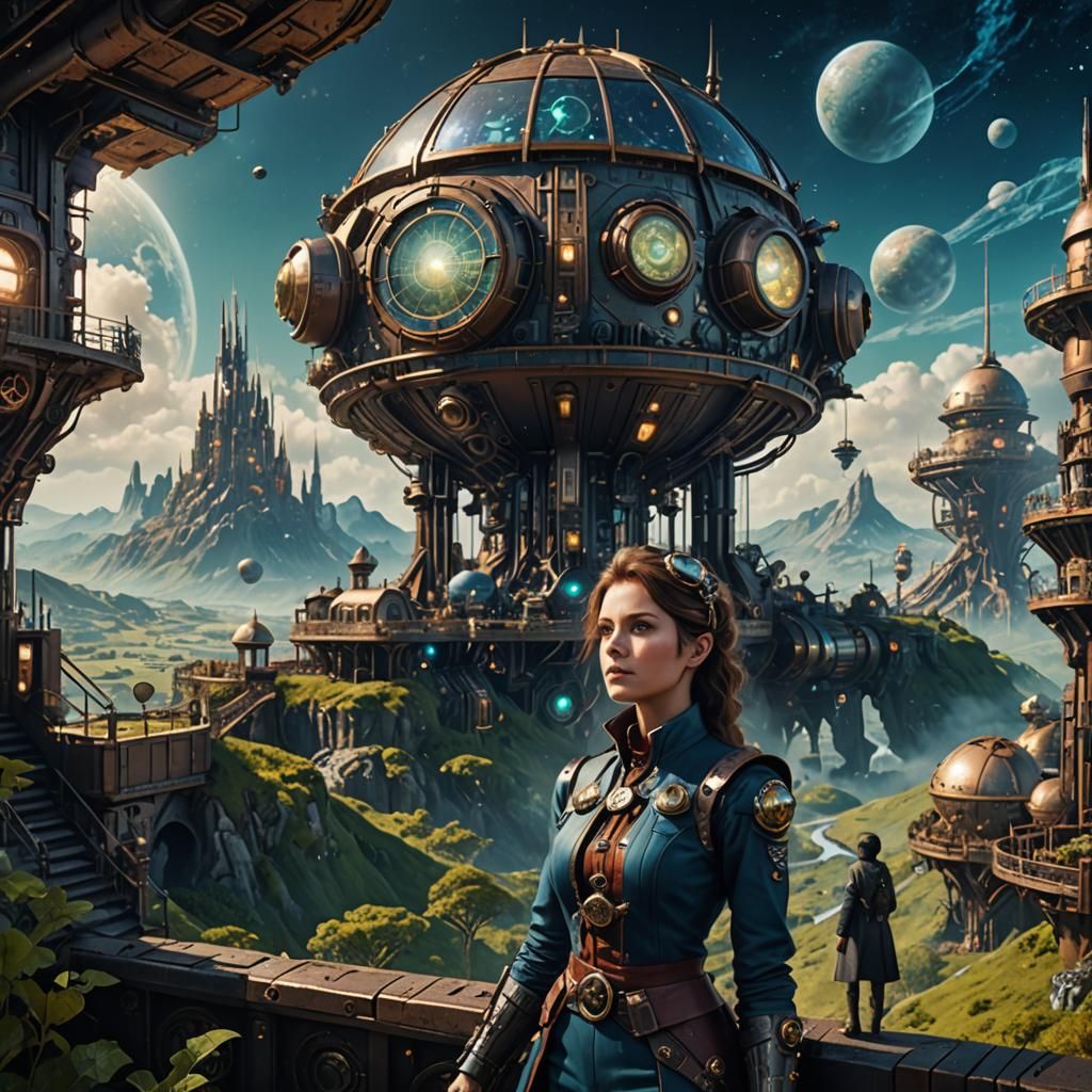 Steampunk Space Colony with Woman: Detailed Matte Painting