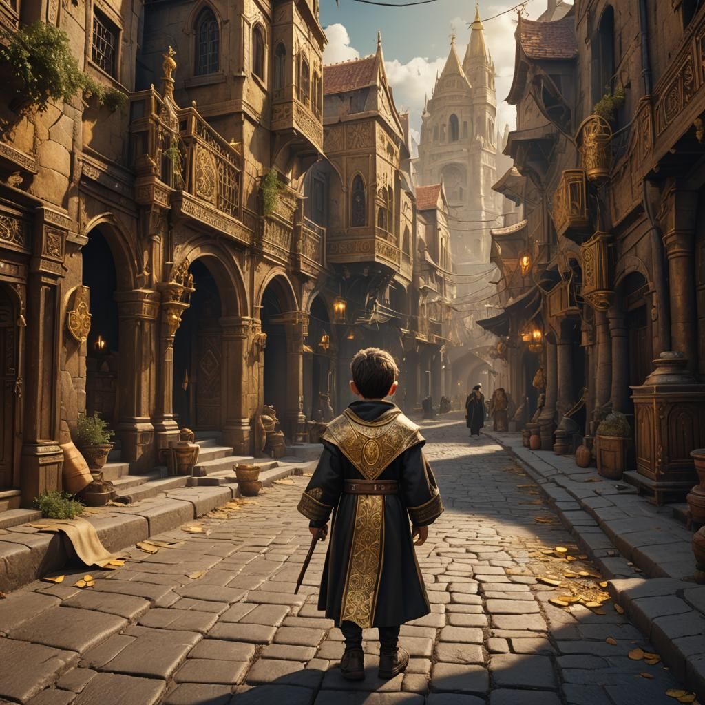 Golden Medieval City with Boy Priest: Fantasy Art