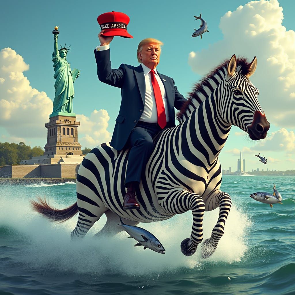 Trump Rides a Zebra with Tuna and the Statue of Liberty in a...