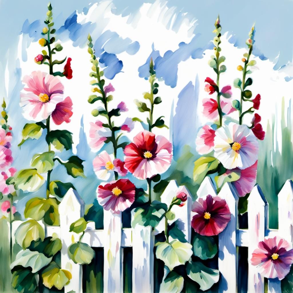 Pastel Hollyhocks in Watercolor Gouache Style