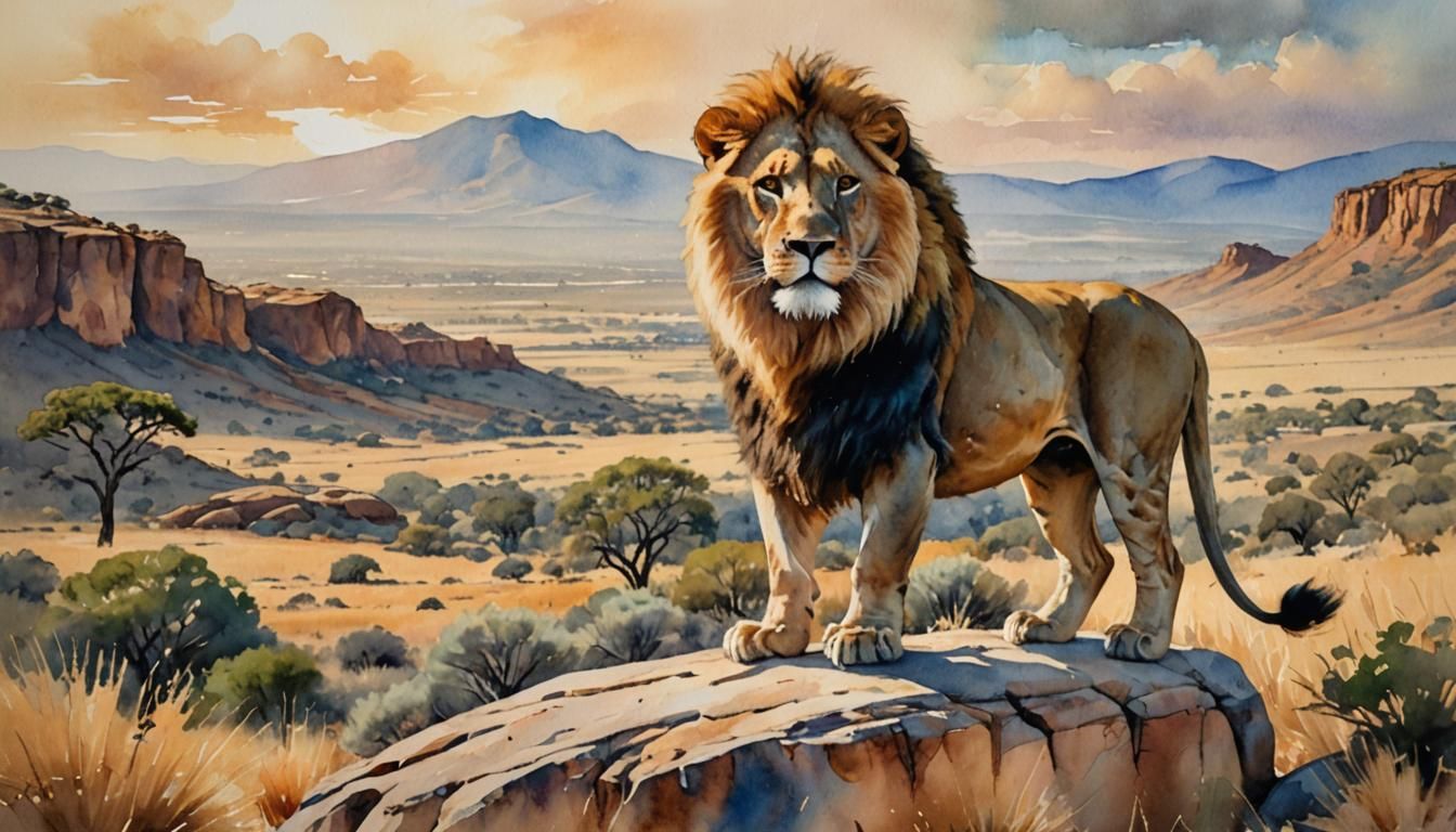 Majestic Lion Overlooking Savannah in Watercolor Style