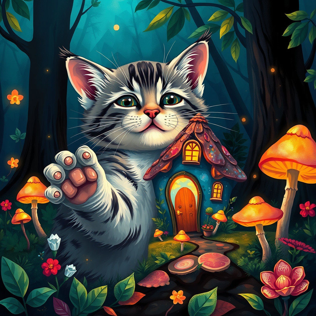 Giant Kitten in Bioluminescent Forest, Geometric Art