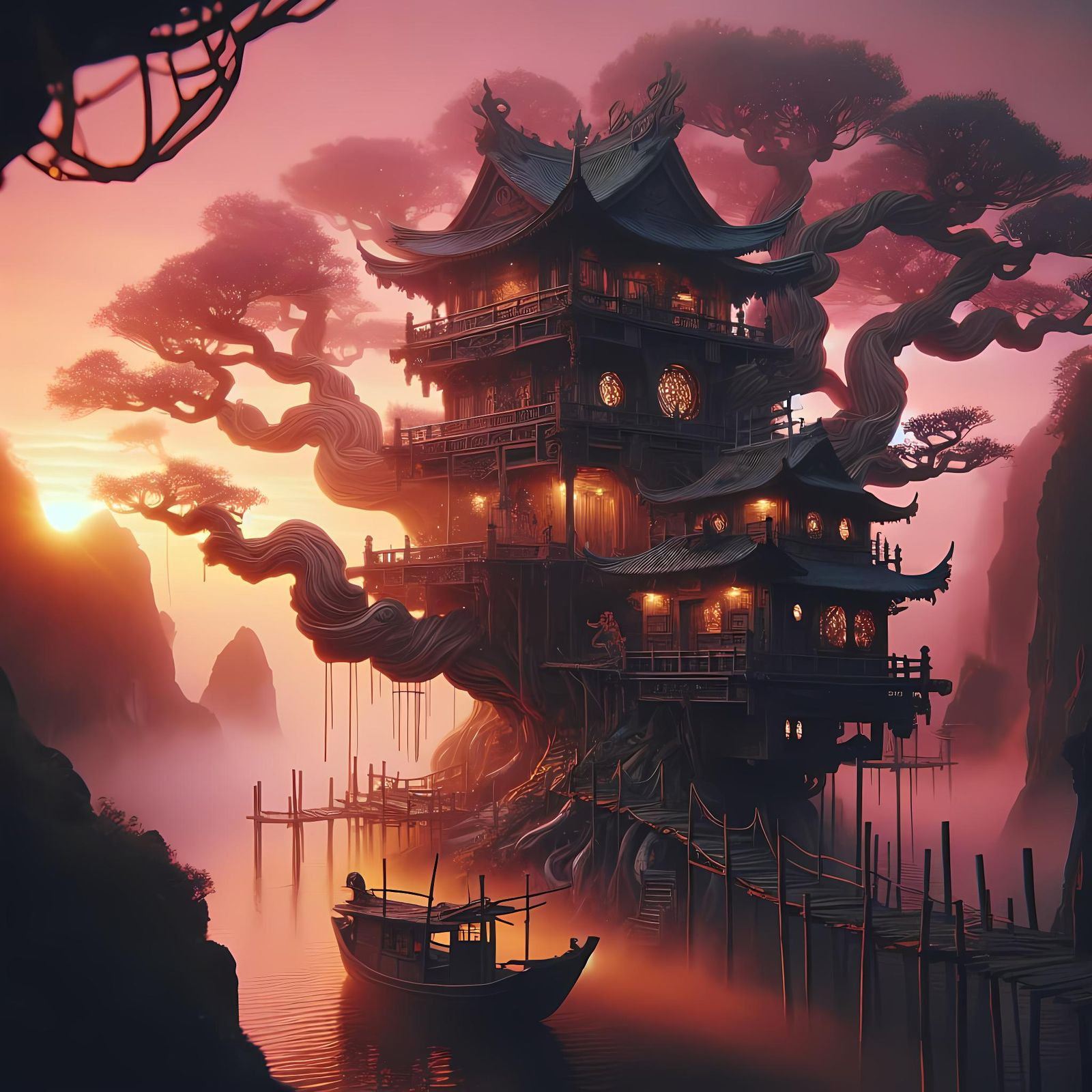 Japanese Mountain Lake Pagoda Treehouse ⛩️✨