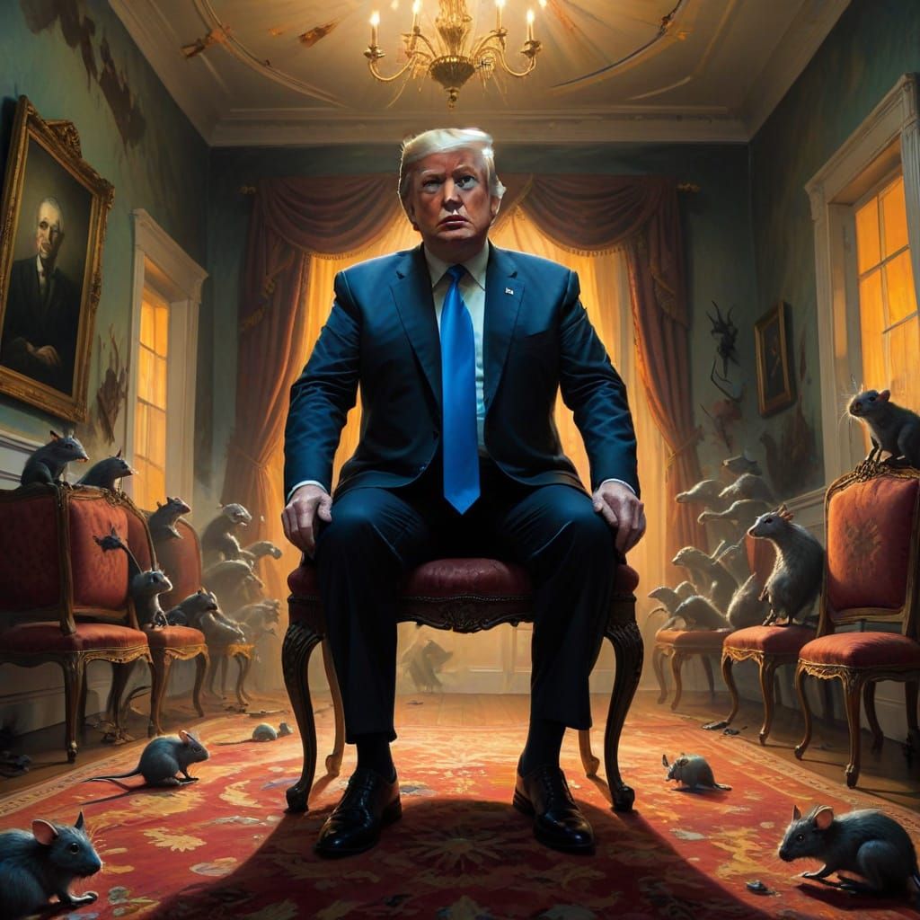 Trump Cornered by Surreal Rats in a Melting White House