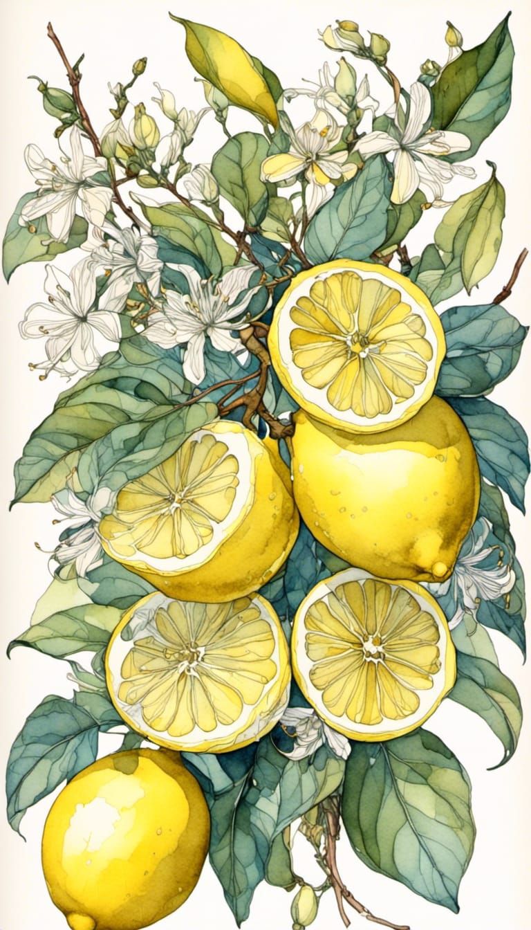 Botanical Lemon Slices in Art Nouveau Style