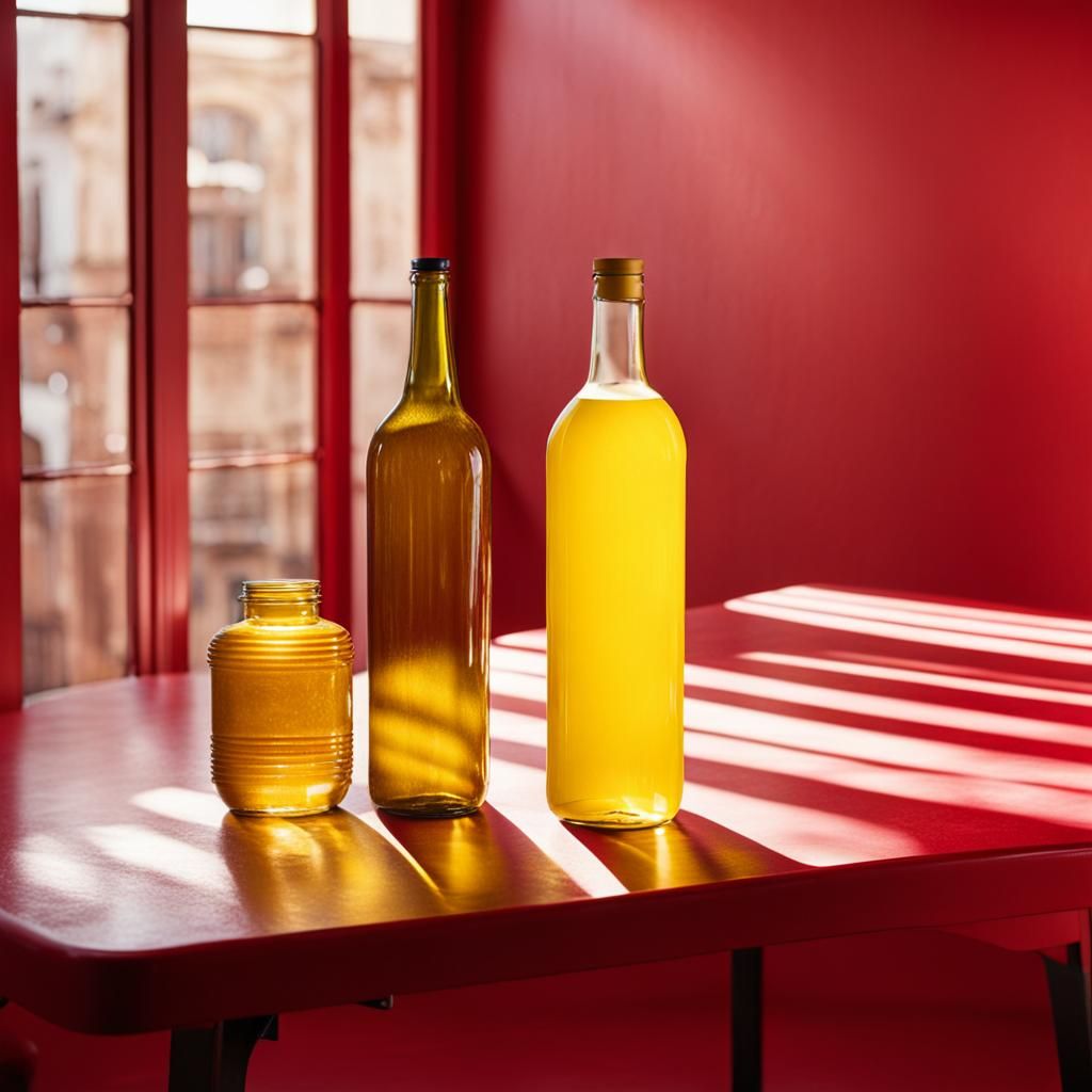 Yellow Bottle on Red Table Photograph