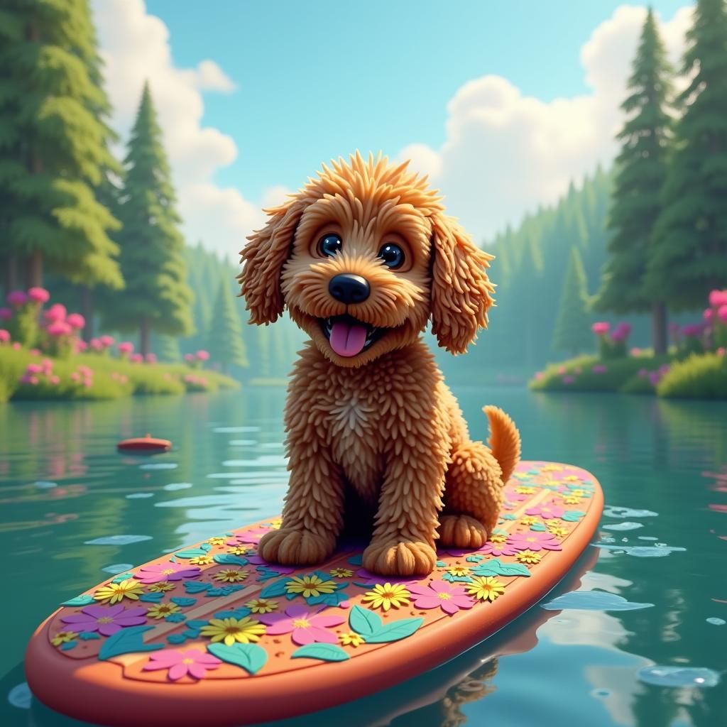Aussie Doodle Puppy on a Paddle Board