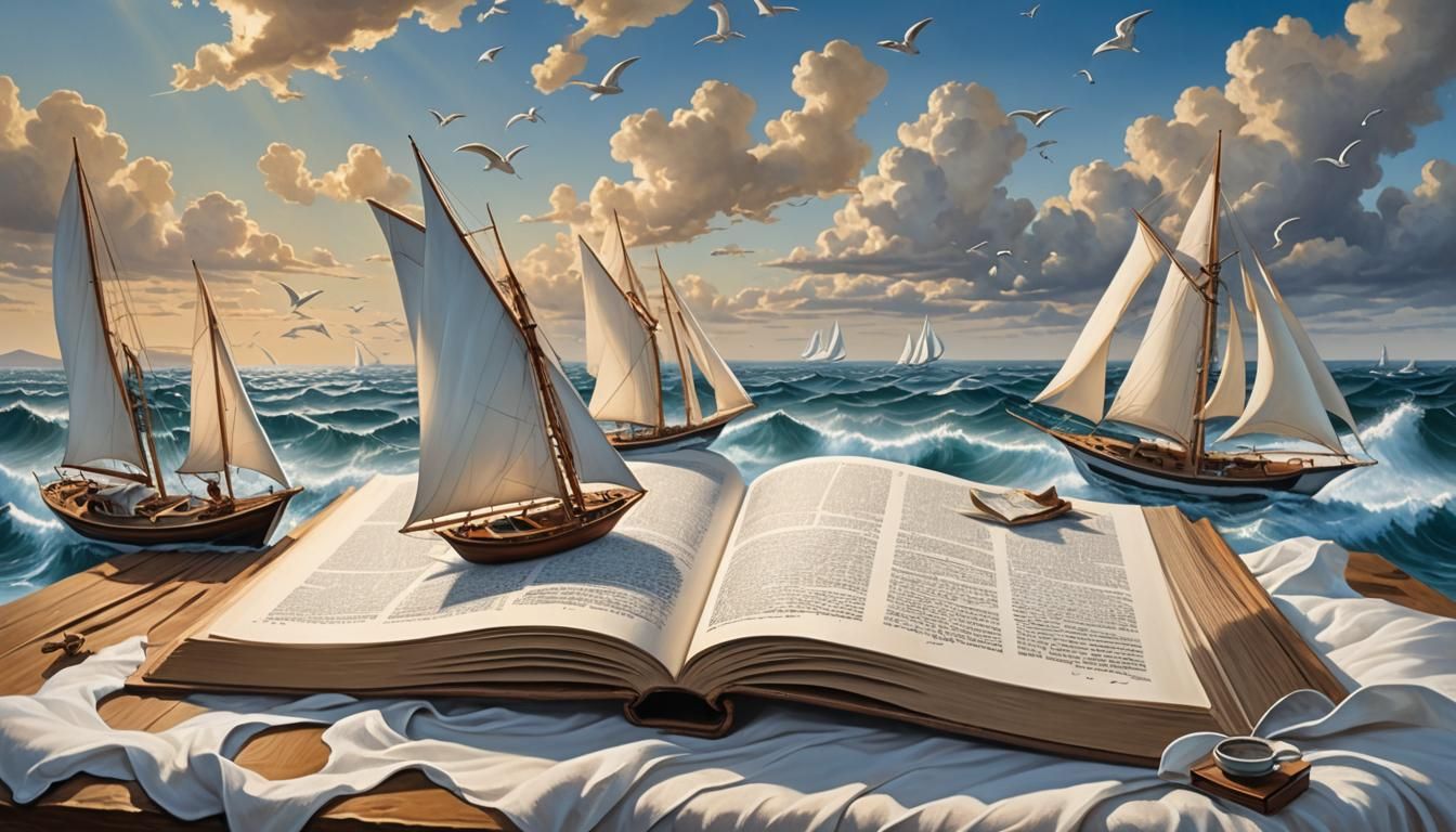 an open book sitting on a wooden table, Jim Warren and Rob Gonsalves, the pages in the shape of sailboats soaring in the...