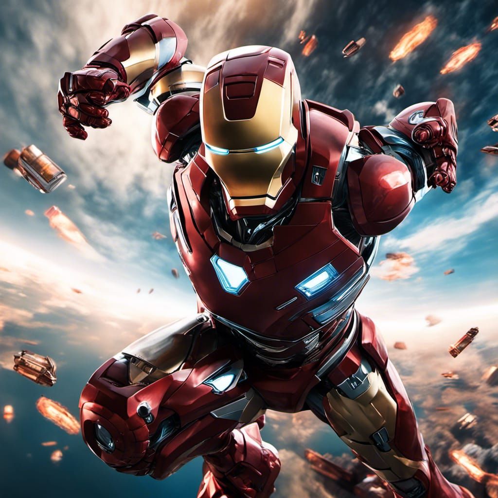“ Peter Dinklage“ in his role of “IRON MAN” flying through the sky with iron man space suit , very epic, digital art, gr...