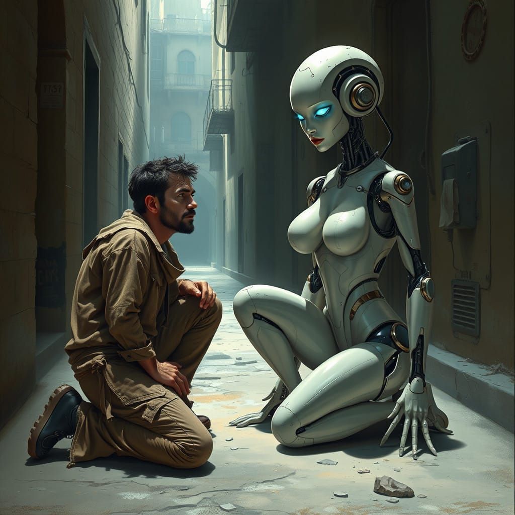Kneeling Man Beseeches a Futuristic Android Goddess