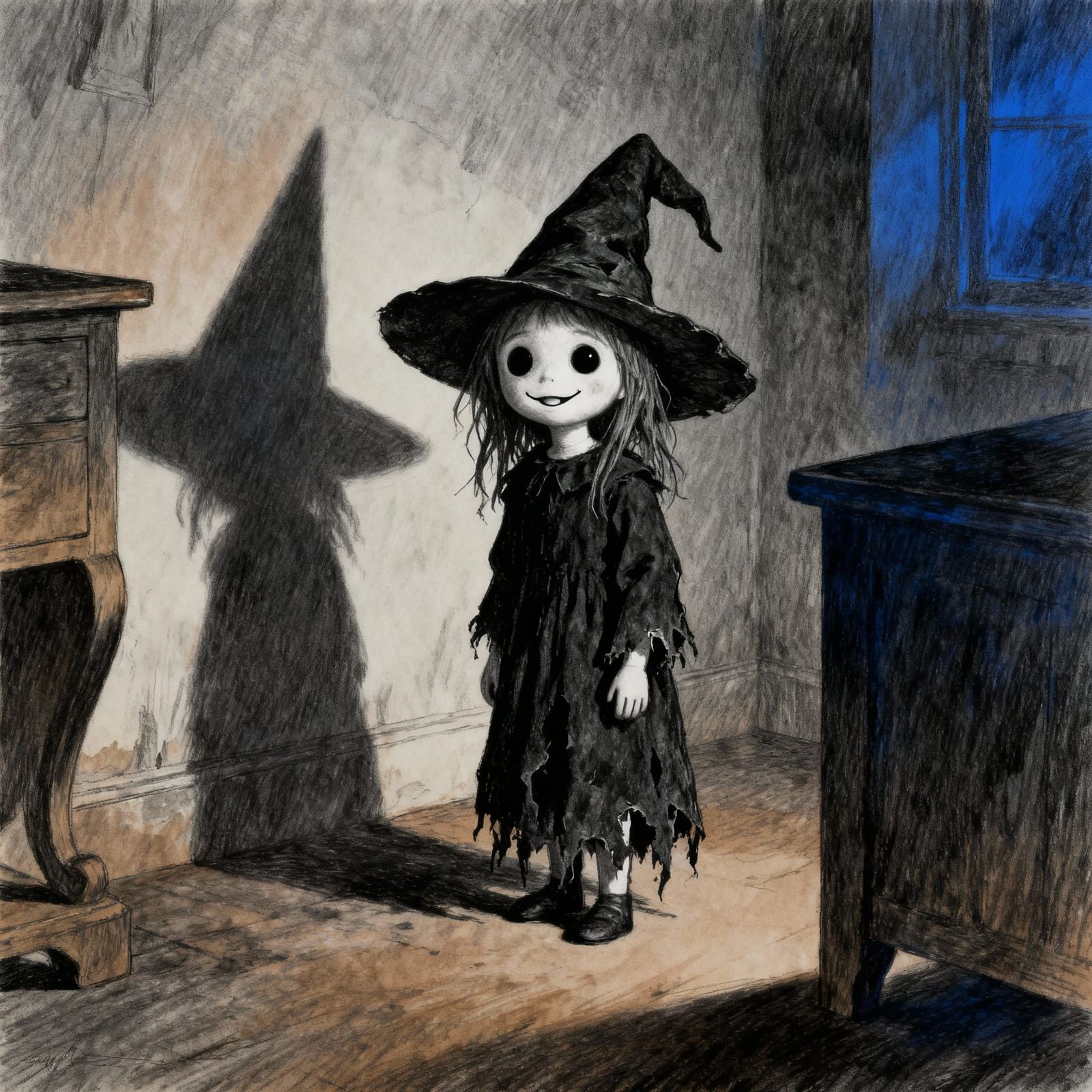 Scared Young Witch in Dark Fairytale Horror Style