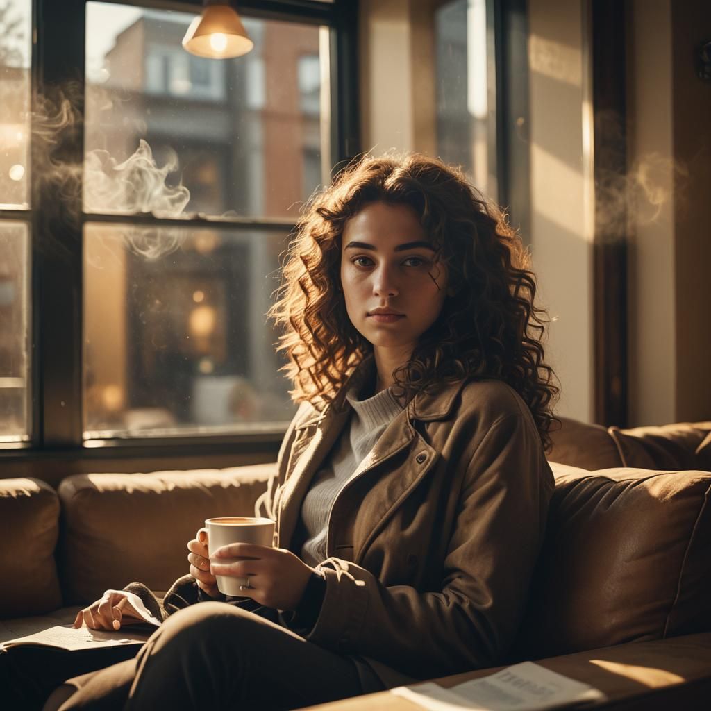 Pensive Woman with Coffee and Floating Music Notes
