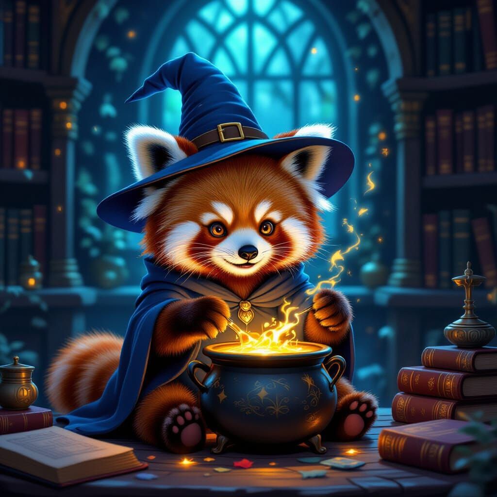 Fluffy Red Panda Wizard Brews Potion in Enchanted Library