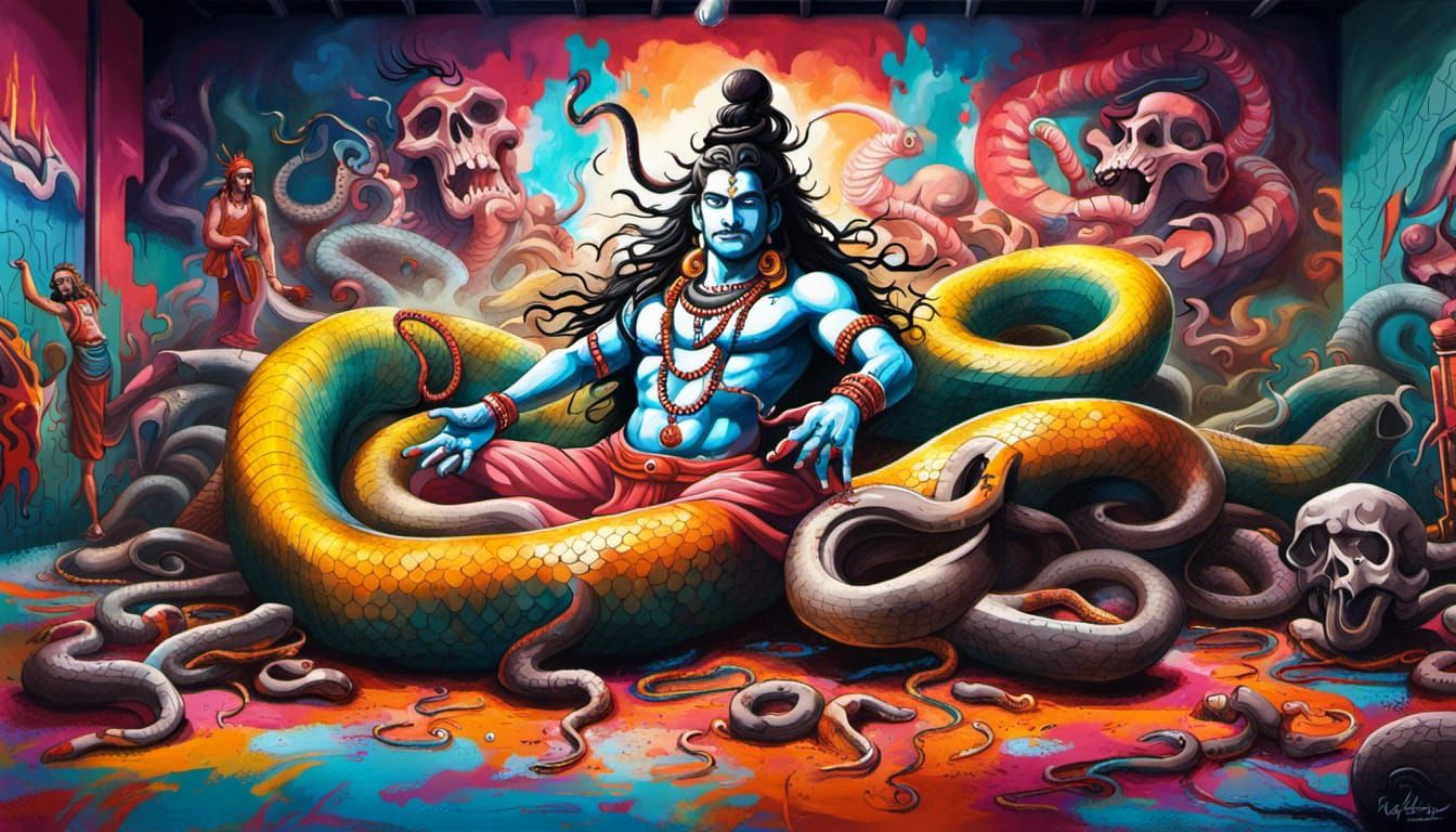 Shiva Dancing with Snake in Graffiti Art Style