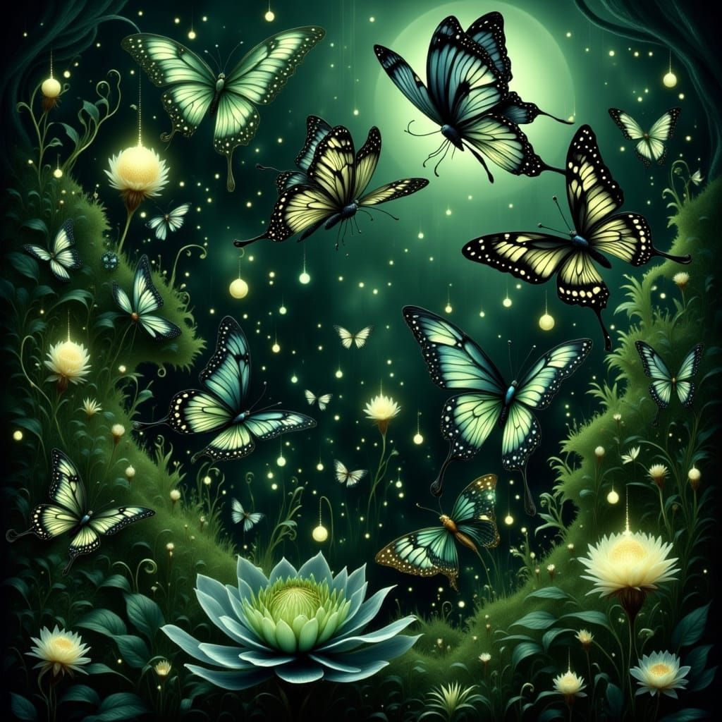 Gothic Butterflies in Whimsical Garden with Bioluminescent W...