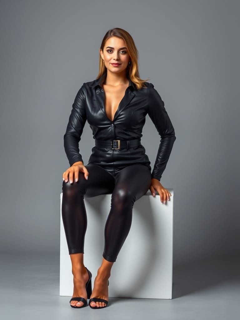 Confident Slavic Woman in Leather Jumpsuit on White Cube