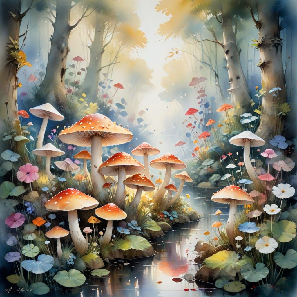 Glowing Mushroom Fairy Sanctuary in Watercolor Style