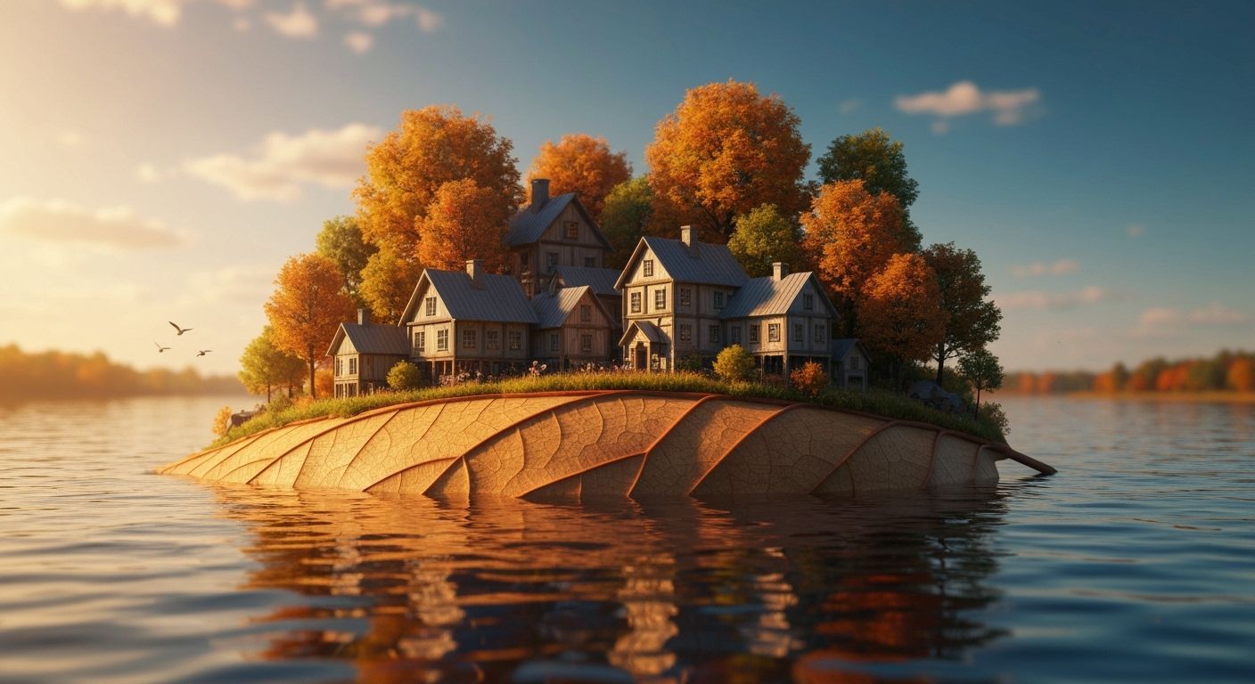 Macro Autumn Village on Floating Leaf