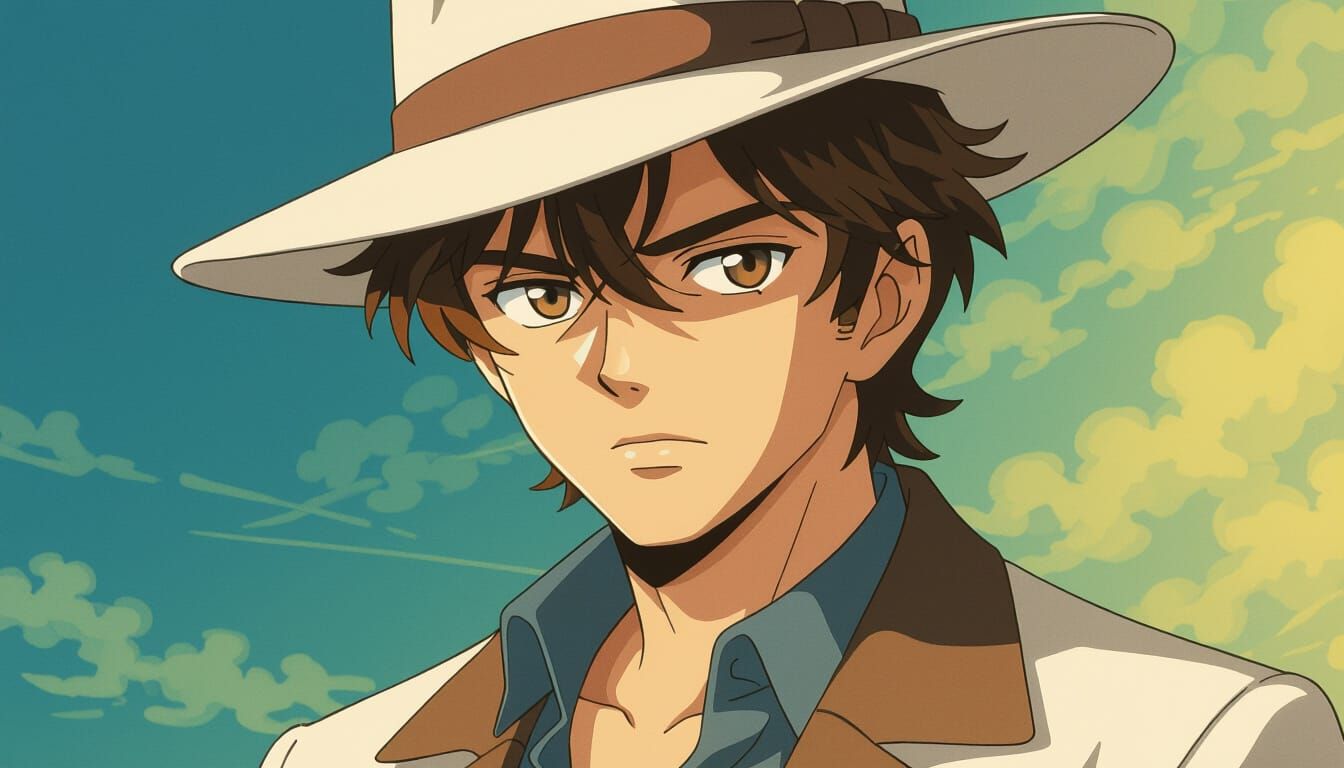 Anime-Style Man with White Hat in Studio Trigger Style
