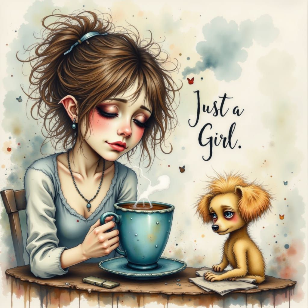 Whimsical Woman with Coffee and Dog in Cartoon Style