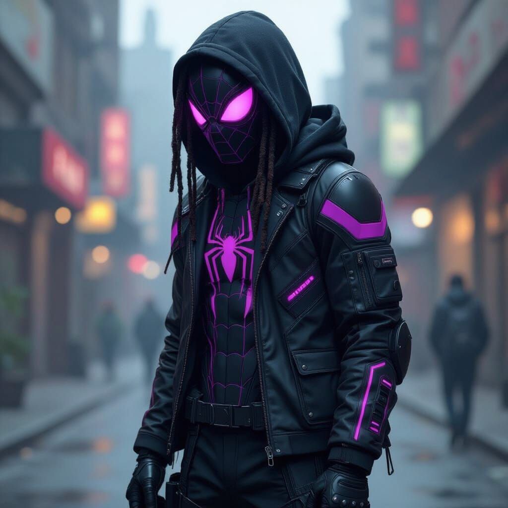 Cyberpunk Spider-Man in Dark Suit with Neon Highlights