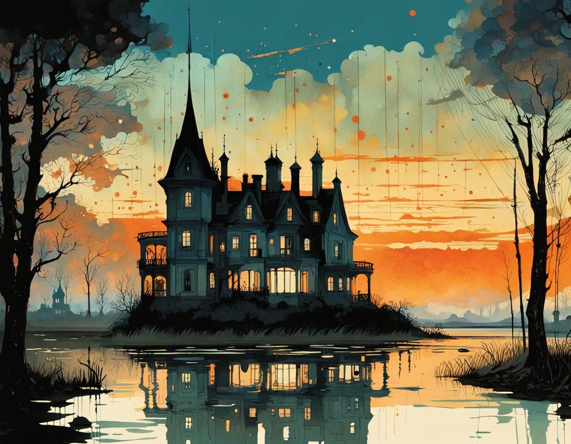 Gothic Marsh Mansion at Dusk in Ink