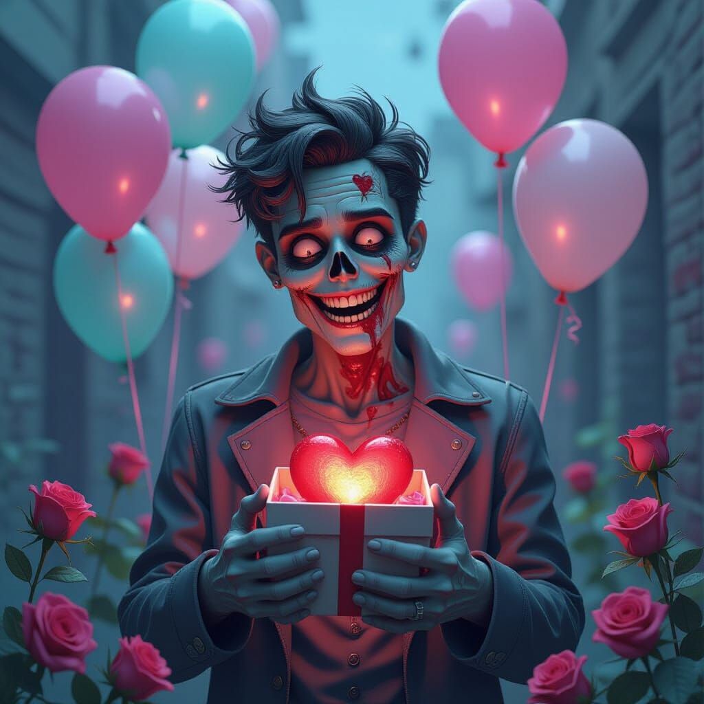 Charming Zombie Offers Heart in Gift Box