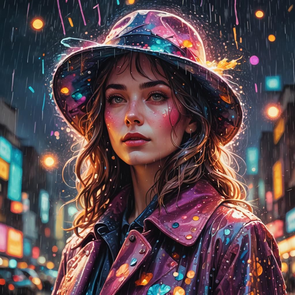 Vintage Girl in Rainy City: Astral Cosmic Illustration